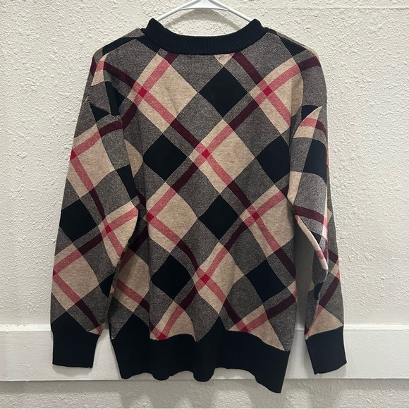 Rachel Zoe Crew Neck Tan Black & Red Plaid Sweater Medium - Picture 3 of 4